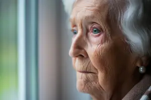elderly woman looking sad at window